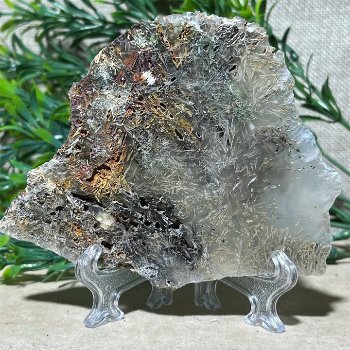 Crystal Natrural Agate Rutile Slab Slice Stone Reiki High Quality Beauty Healing Quartz Minerals Home Decoration + Stand - CRYSTALOIL