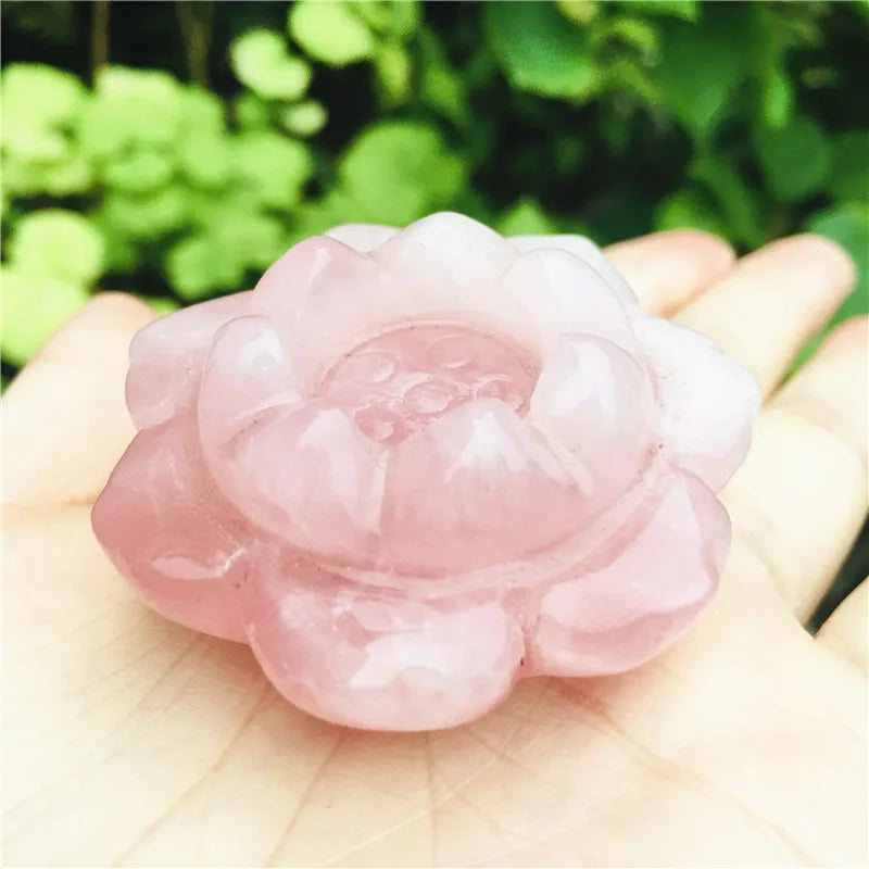 50mm Natural crystal rose quartz lotus and green jade leaf home decoration - Crystalbloomaromatics