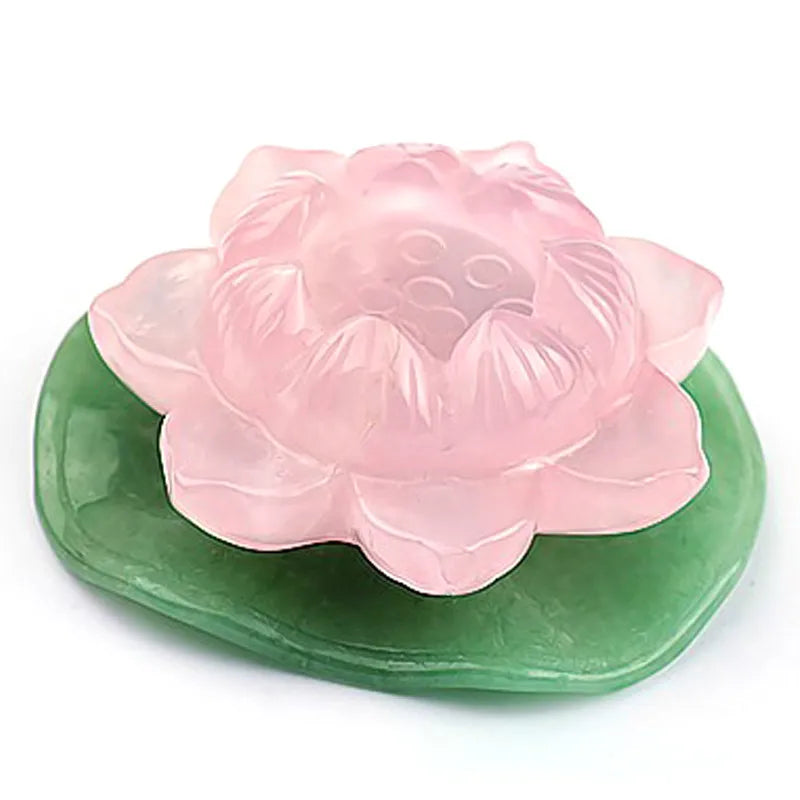 50mm Natural crystal rose quartz lotus and green jade leaf home decoration - Crystalbloomaromatics