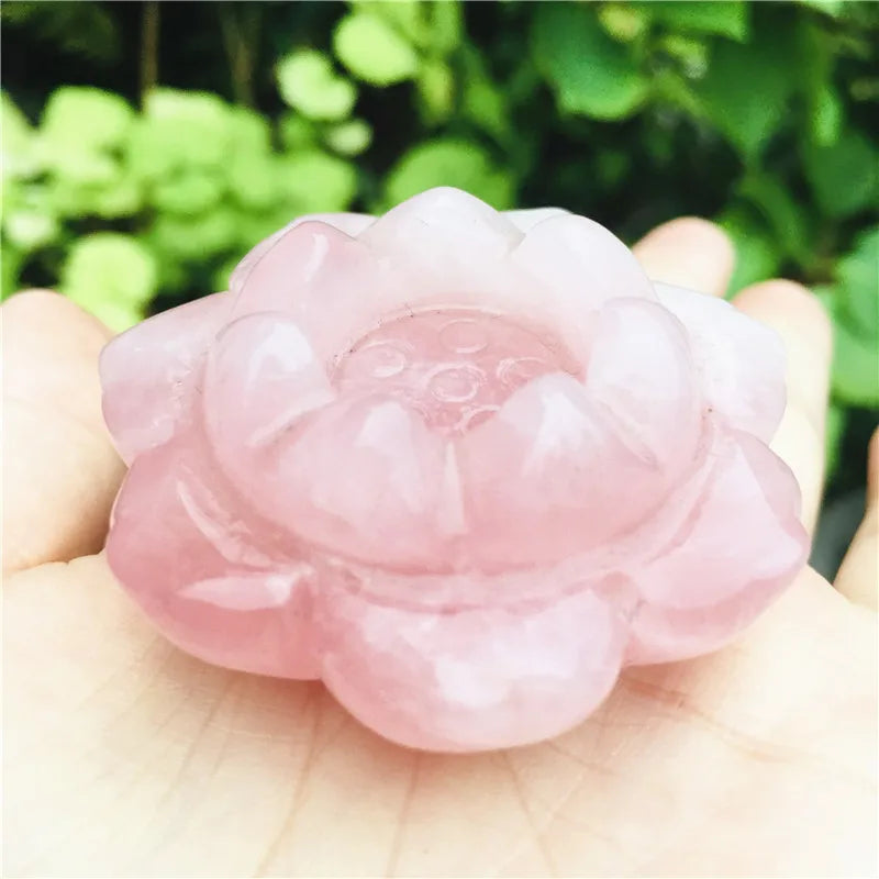 50mm Natural crystal rose quartz lotus and green jade leaf home decoration - Crystalbloomaromatics