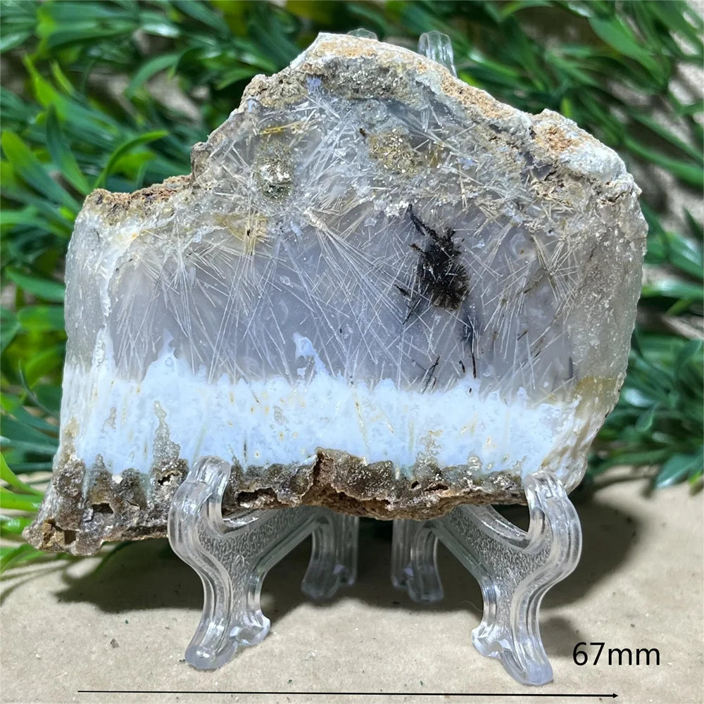Crystal Natrural Agate Rutile Slab Slice Stone Reiki High Quality Beauty Healing Quartz Minerals Home Decoration + Stand - CRYSTALOIL