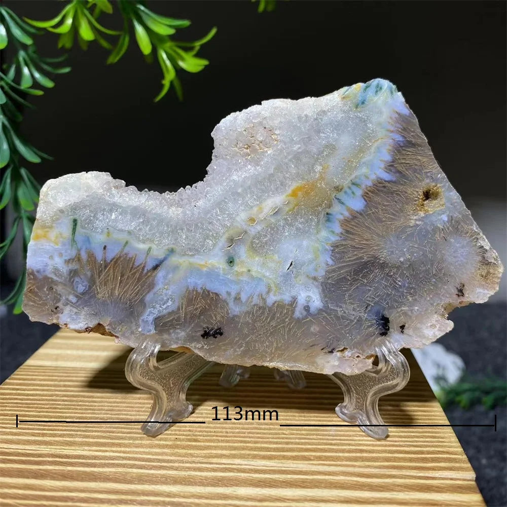 Crystal Natrural Agate Rutile Slab Slice Stone Reiki High Quality Beauty Healing Quartz Minerals Home Decoration + Stand - CRYSTALOIL