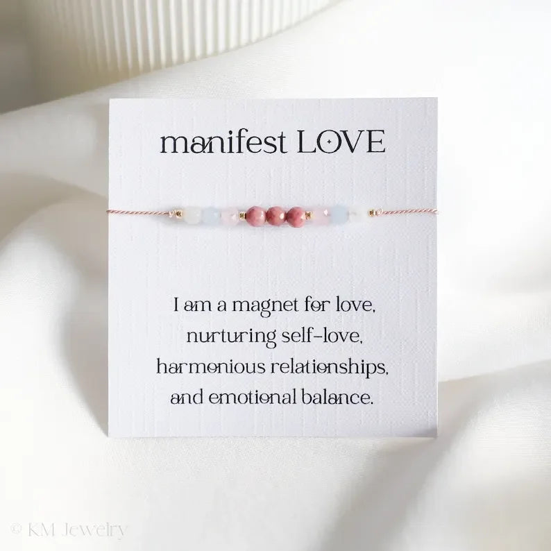 Love embodies crystal bracelet, attract love, self-love, rose quartz, aquamarine, moonstone, rose pyroxene - CRYSTALOIL