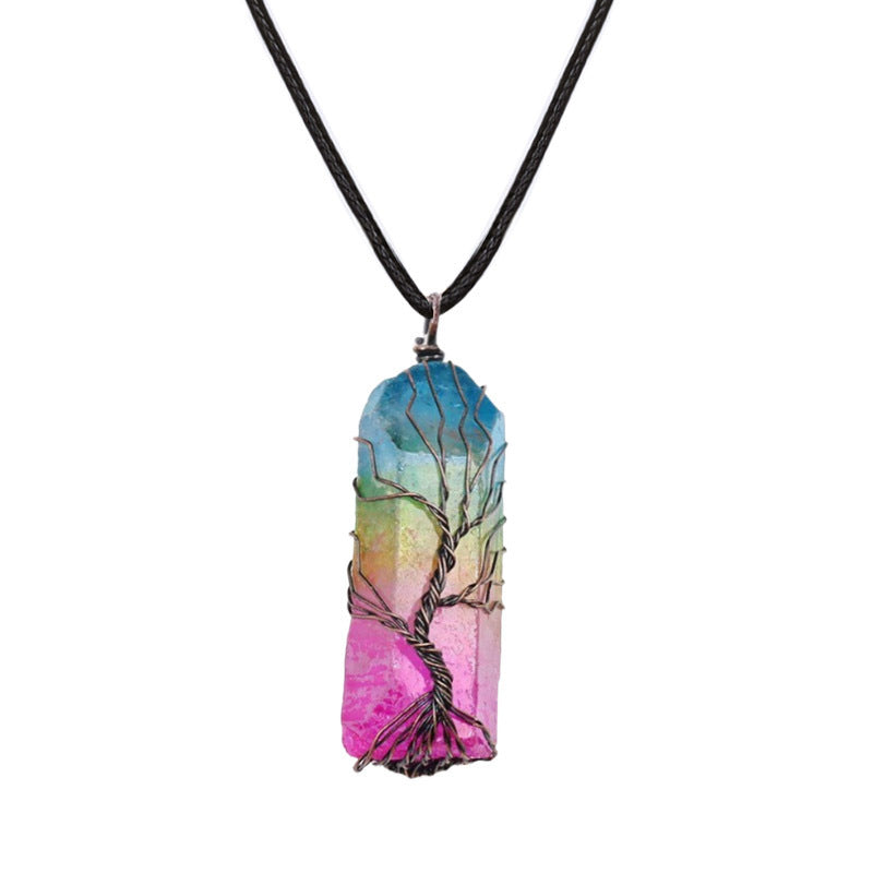 Crystal Pillar Wound Copper Wire Tree Of Life Pendant Necklace - CRYSTALOIL