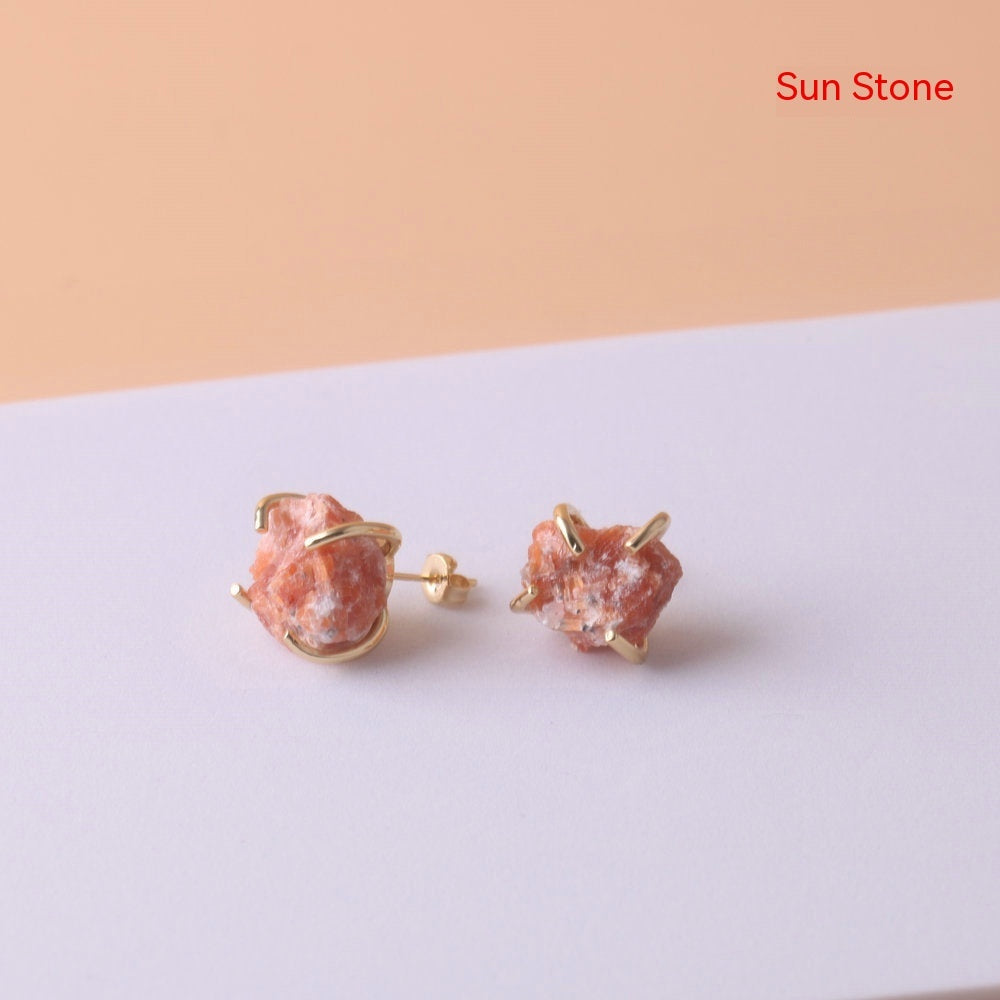 Gold-plated Four-claw Stone Rough Stone Stud Earrings For Women - CRYSTALOIL