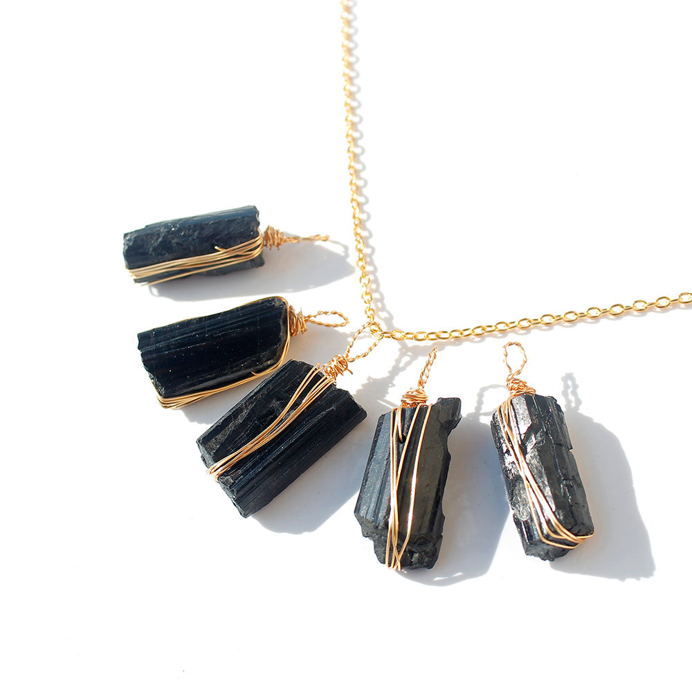 Natural Crystal Rough Black Tourmaline Gold Chain