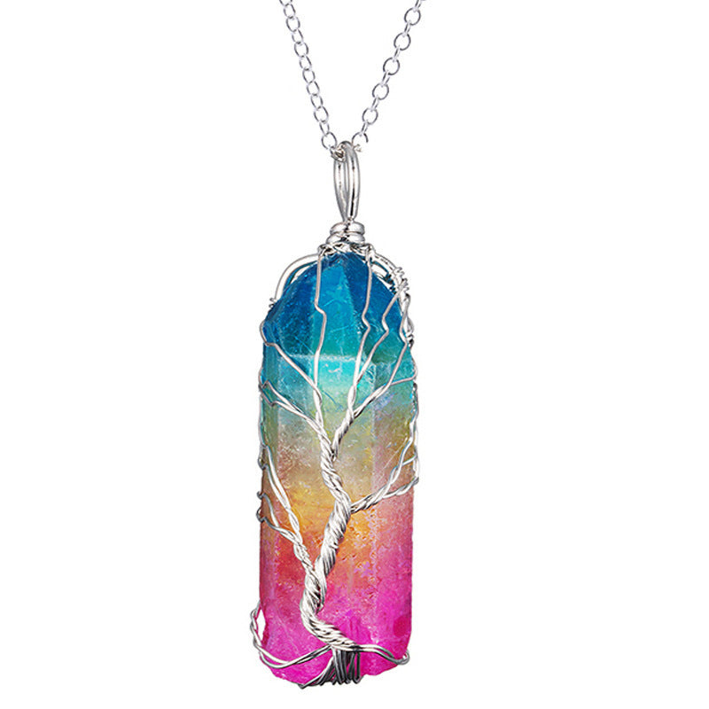 Crystal Pillar Wound Copper Wire Tree Of Life Pendant Necklace - CRYSTALOIL