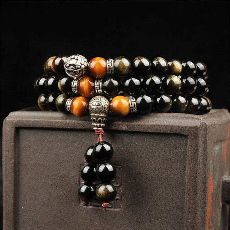 Natural Gold Obsidian Bracelet 108 Buddha Beads With Tibetan Silver Round Beads,  Natural Gold Obsidian Bracelet. - CRYSTALOIL