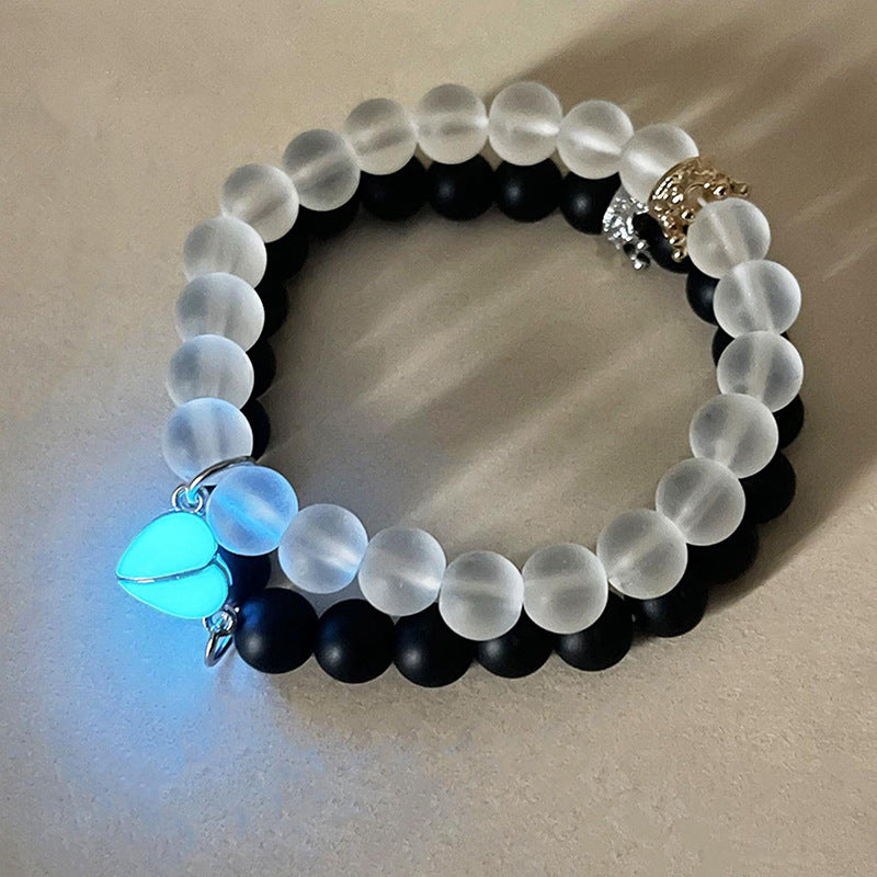 Fashion Jewelry 2pcs Handmade Crown Beaded Charms Bracelet Luminou Heart Glow In The Dark Couple Bracelet For Lover Men Women Fluorescent Gift - CRYSTALOIL