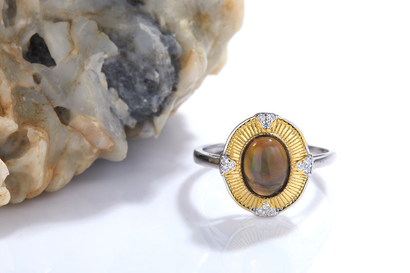 Women's Fashion Sterling Silver Inlaid Natural Opal Ring - CRYSTALOIL