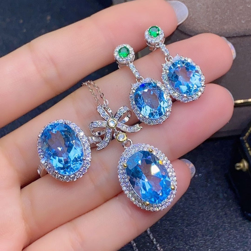 Natural Sky Blue Topaz Set Ring Pendant Earring Crystal - CRYSTALOIL