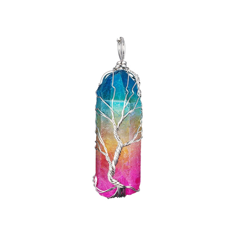 Crystal Pillar Wound Copper Wire Tree Of Life Pendant Necklace - CRYSTALOIL