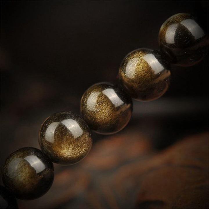 Natural Gold Obsidian Bracelet 108 Buddha Beads With Tibetan Silver Round Beads,  Natural Gold Obsidian Bracelet. - CRYSTALOIL