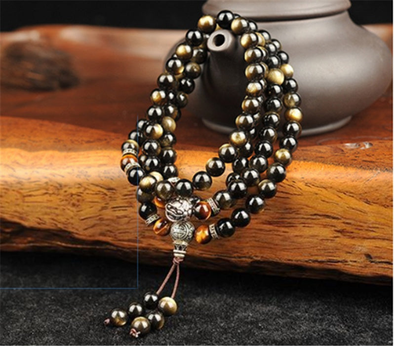 Natural Gold Obsidian Bracelet 108 Buddha Beads With Tibetan Silver Round Beads,  Natural Gold Obsidian Bracelet. - CRYSTALOIL