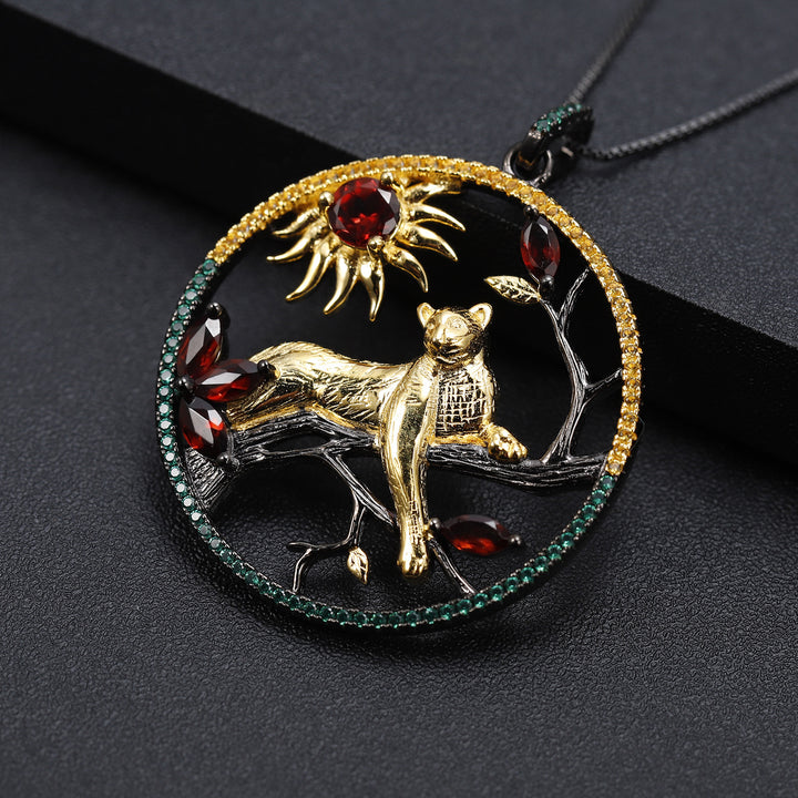 Animal Tiger Element Design 925 Silver Natural Garnet Necklace Pendant - CRYSTALOIL