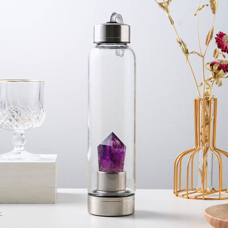 Natural Crystal Column Energy Glass Water Bottle,  "Elevate your hydration ritual with our Natural Crystal Column Energy Glass Water Bottle, designed to infuse your water with the revitalizing properties of crystals. Crafted with care,.