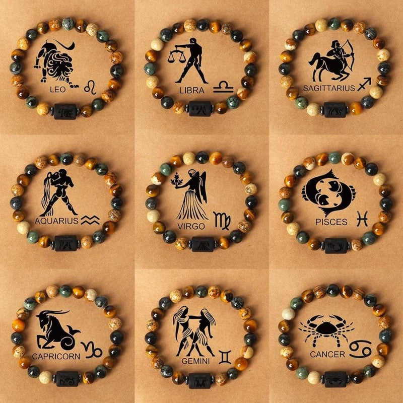 Fashionable hot-selling natural stone beaded bracelets of the 12 zodiac signs, tiger's eye stone patterned stone crystal bracelets and banges - CRYSTALOIL