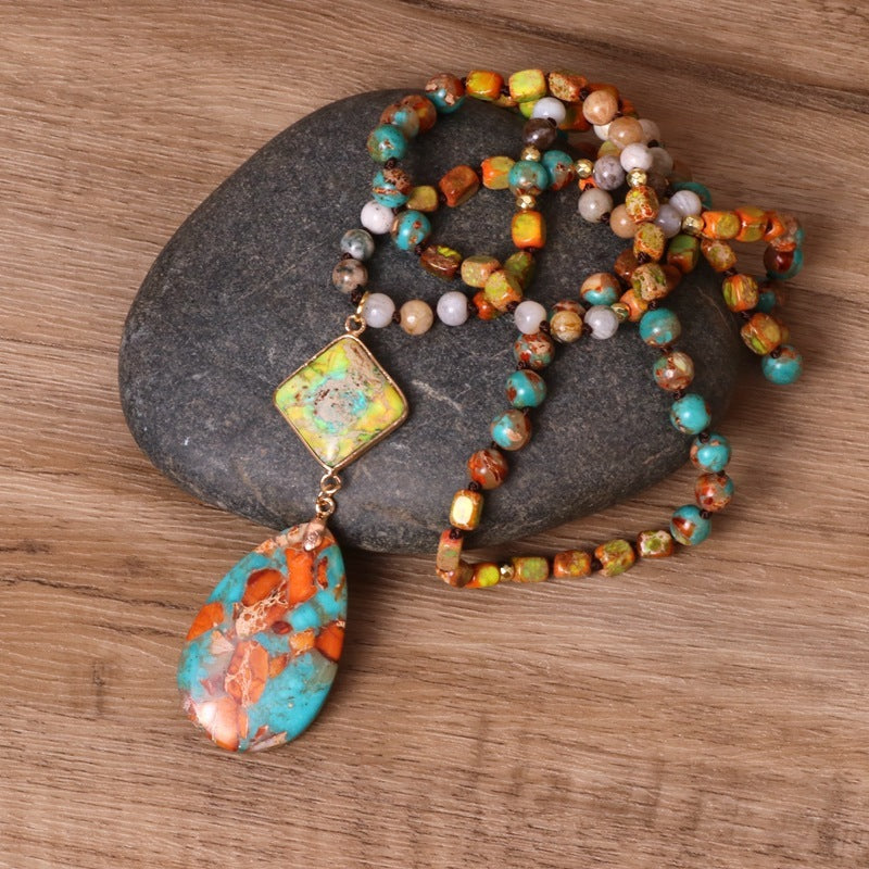 Women&#39;s Colorful Stone Bead Water Drop Necklace - CRYSTALOIL