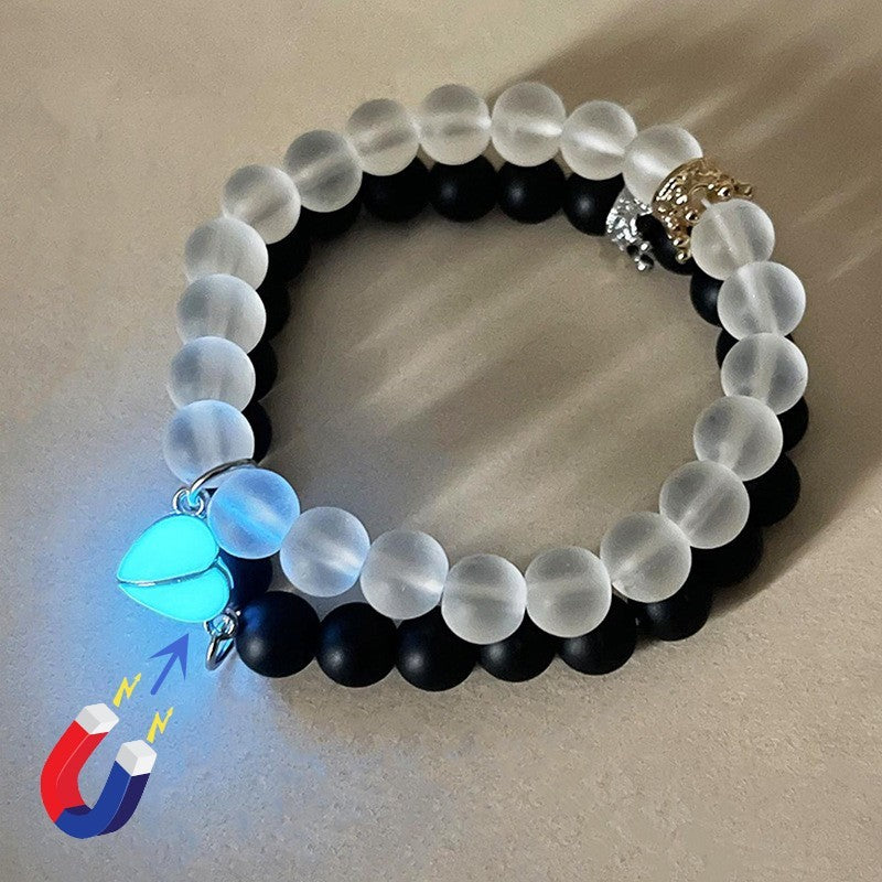 Fashion Jewelry 2pcs Handmade Crown Beaded Charms Bracelet Luminou Heart Glow In The Dark Couple Bracelet For Lover Men Women Fluorescent Gift - CRYSTALOIL