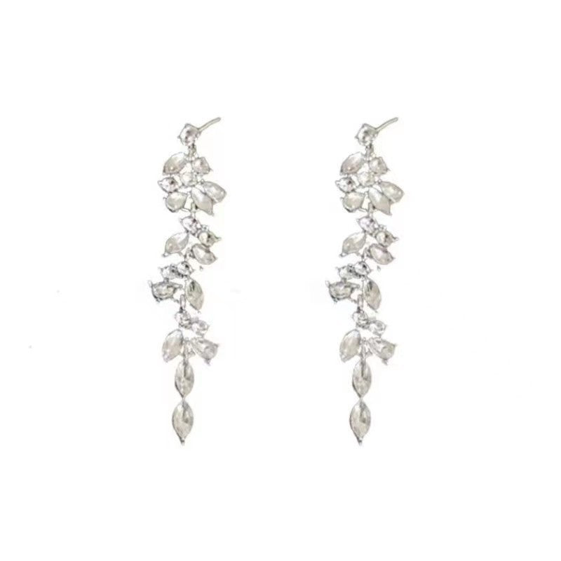 Women's Light Luxury Crystal Diamond Leaf Tassel Earrings - CRYSTALOIL