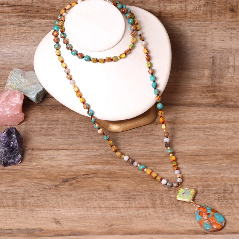 Women&#39;s Colorful Stone Bead Water Drop Necklace - CRYSTALOIL